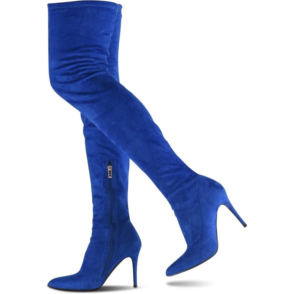 Women's Royal Blue Velveteen Suede Pointed Toe Thigh High Side Zipper Heel Boot